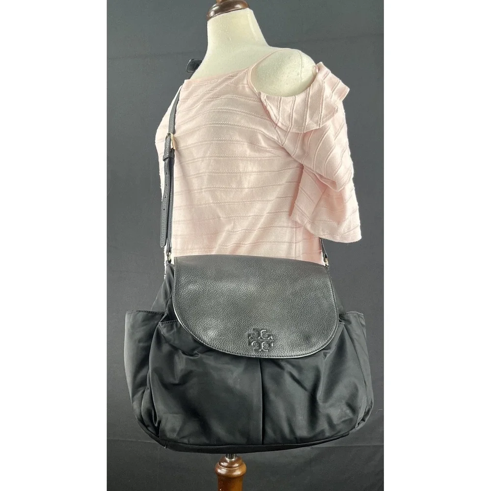 Tory Burch Black Nylon Leather Messenger Diaper Bag Crossbody Baby Travel Tote